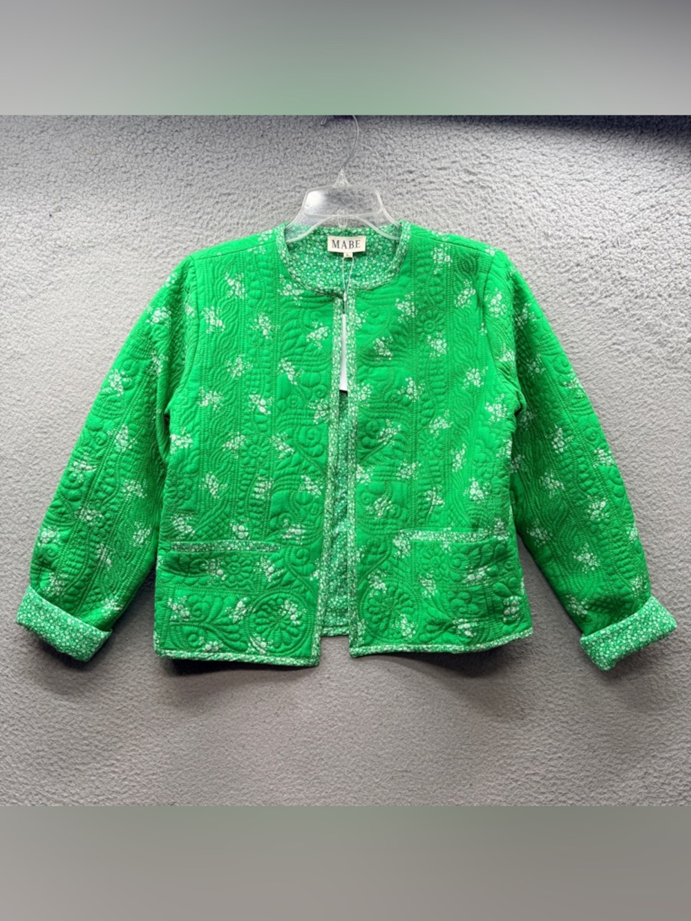 M.A.B.E Vivi Print Floral Open Jacket 100% Cotton Kelly Green Quilted Size S NWT